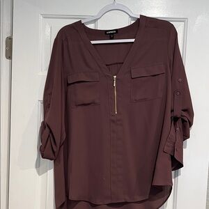 Express Women's Deep Burgundy V-Neck Blouse